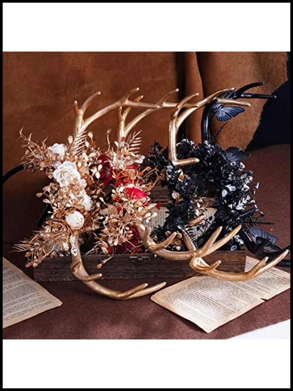 Handmade Gold Flower Antler Headband Woodland Forest Deer Horns Hairband